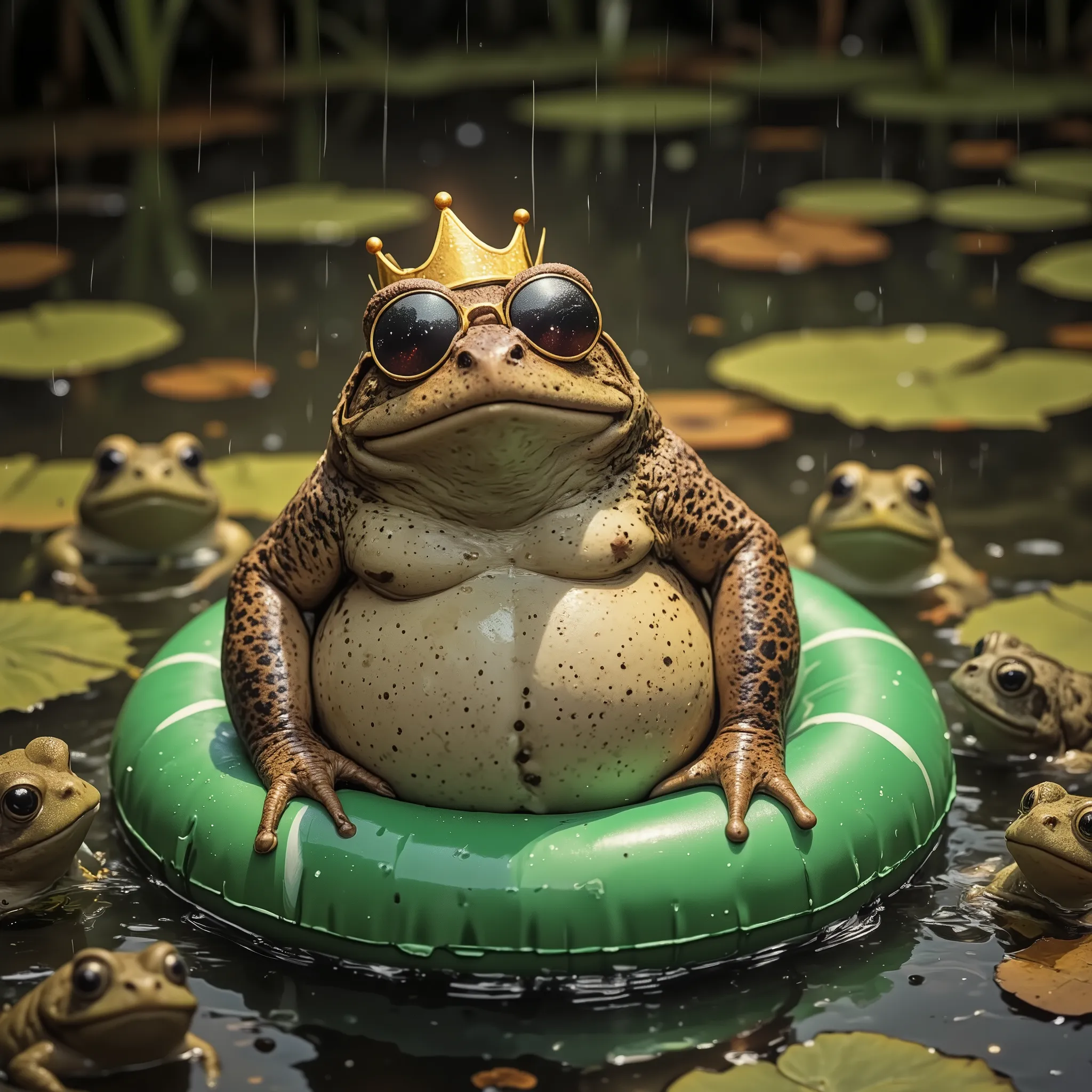  (it's pouring rain:1.8).A chubby toad wearing a golden crown and round mirrored sunglasses floats serenely in a pond on a green inflatable ring. In the water around it, several other frogs and toads are partially submerged, with only their eyes peeking ju...