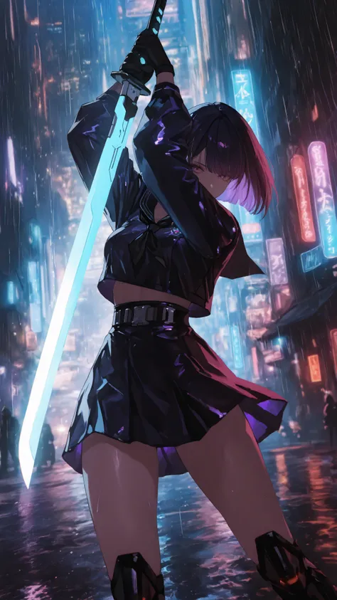 masterpiece, best quality, amazing quality, very aesthetic, high resolution, ultra-detailed, absurdres, newest,a cyberpunk female swordsman in in Black sailor suit, neon-lit rain, holographic city, dynamic sword pose, cold gaze, high-tech ninja elements, d...