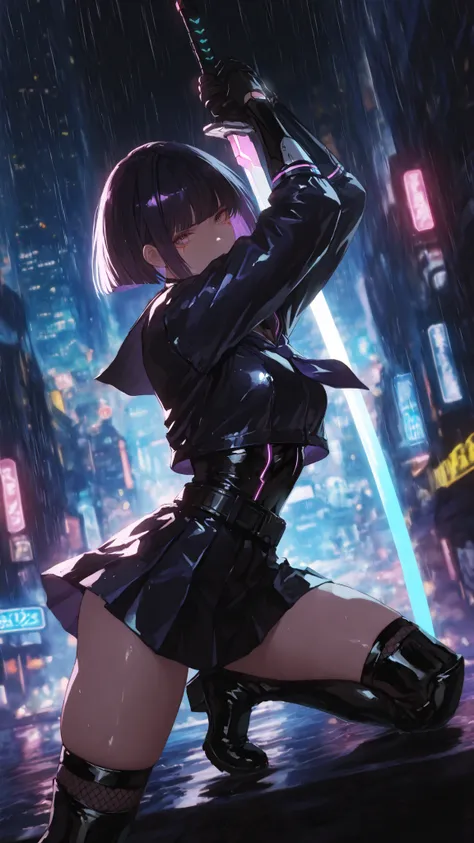 masterpiece, best quality, amazing quality, very aesthetic, high resolution, ultra-detailed, absurdres, newest,a cyberpunk female swordsman in in Black sailor suit, neon-lit rain, holographic city, dynamic sword pose, cold gaze, high-tech ninja elements, d...