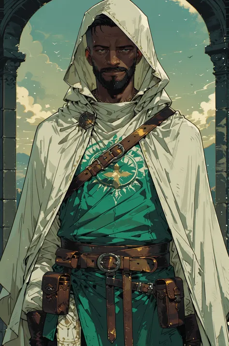 Solo; 1 man, mature man, half_aged man, African skin, wears a hooded cloak that drapes over a rugged tunic, giving off a medieval or fantasy vibe, straps and belts wrap around the waist, securing a pouch at their side. The chest area of the garment is nota...