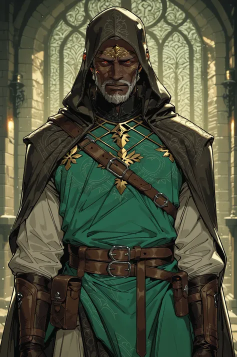 Solo; 1 man, mature man, half_aged man, African skin, wears a hooded cloak that drapes over a rugged tunic, giving off a medieval or fantasy vibe, straps and belts wrap around the waist, securing a pouch at their side. The chest area of the garment is nota...