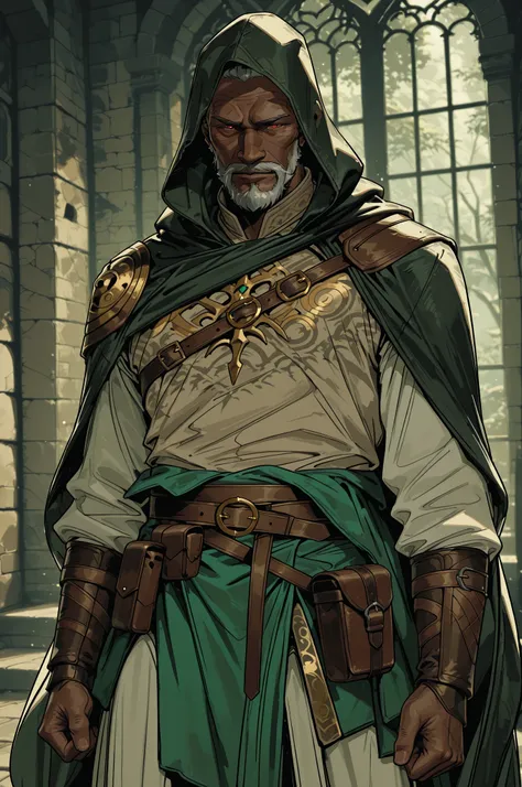 Solo; 1 man, mature man, half_aged man, African skin, wears a hooded cloak that drapes over a rugged tunic, giving off a medieval or fantasy vibe, straps and belts wrap around the waist, securing a pouch at their side. The chest area of the garment is nota...