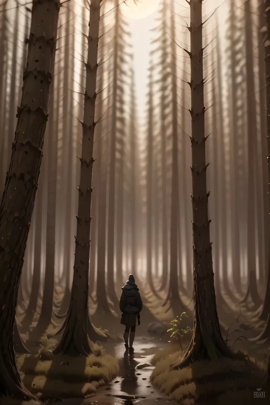 in the middle of the night,a lone figure standing in an eerie,moonlit landscape,misty forest,dark trees silhouetted against a starry sky,glowing full moon,soft fog drifting through the trees,mysterious atmosphere,chiaroscuro lighting,dark and moody,dramati...