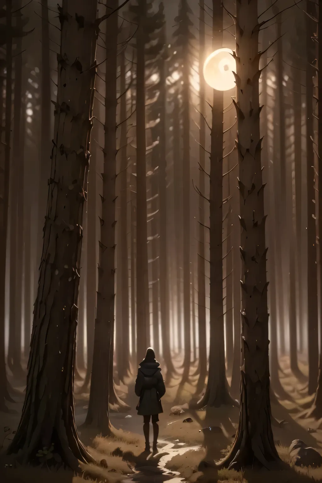 in the middle of the night,a lone figure standing in an eerie,moonlit landscape,misty forest,dark trees silhouetted against a starry sky,glowing full moon,soft fog drifting through the trees,mysterious atmosphere,chiaroscuro lighting,dark and moody,dramati...