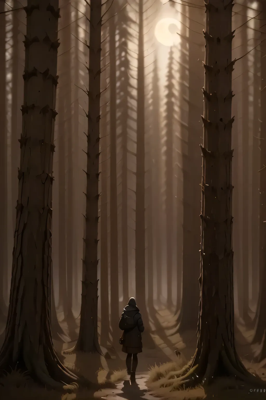 in the middle of the night,a lone figure standing in an eerie,moonlit landscape,misty forest,dark trees silhouetted against a starry sky,glowing full moon,soft fog drifting through the trees,mysterious atmosphere,chiaroscuro lighting,dark and moody,dramati...