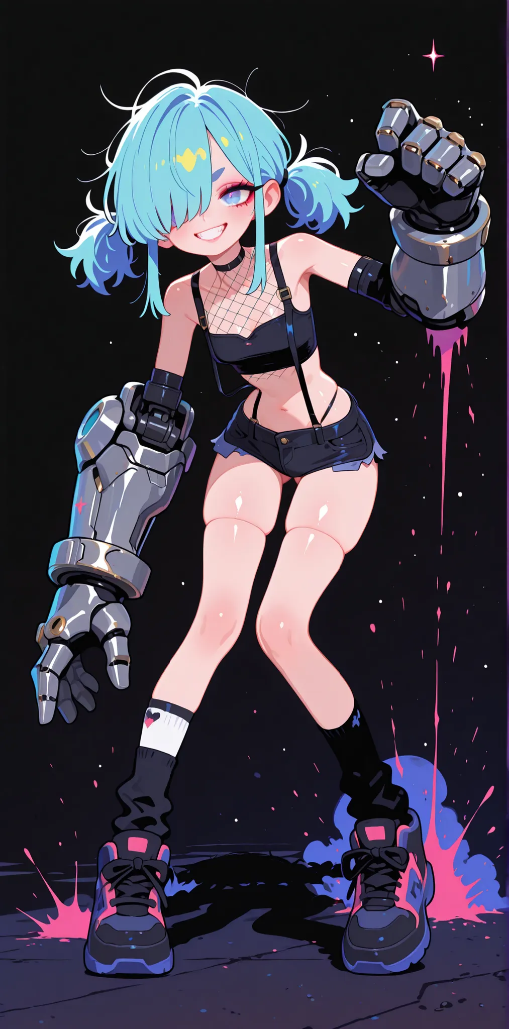 (adpx:1.2), (masterpiece:1.35), (very aesthetic, best quality:1.3), highly detailed, dark environment, backlit, absurdres, hyperdetailed, addmicrodetails, flat anime artstyle, (no lineart), detailed shading and shadows, solo, intricate design, cyborg, mech...