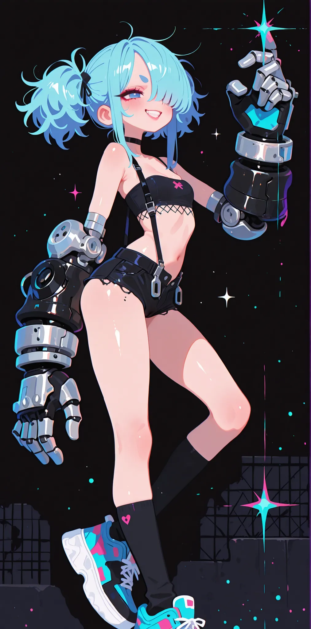 (adpx:1.2), (masterpiece:1.35), (very aesthetic, best quality:1.3), highly detailed, dark environment, backlit, absurdres, hyperdetailed, addmicrodetails, flat anime artstyle, (no lineart), detailed shading and shadows, solo, intricate design, cyborg, mech...