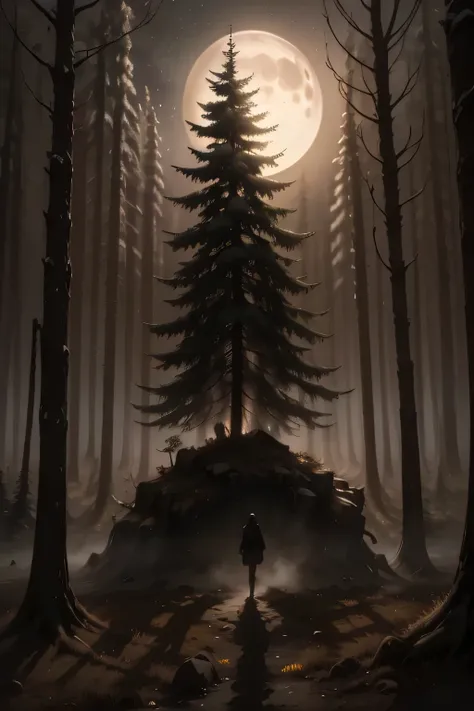 in the middle of the night,a lone figure standing in an eerie,moonlit landscape,misty forest,dark trees silhouetted against a starry sky,glowing full moon,soft fog drifting through the trees,mysterious atmosphere,chiaroscuro lighting,dark and moody,dramati...