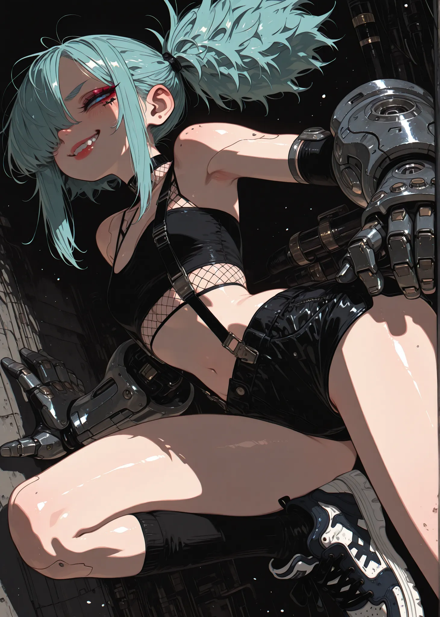 (adpx:1.2), (masterpiece:1.35), (very aesthetic, best quality:1.3), highly detailed, dark environment, backlit, absurdres, hyperdetailed, addmicrodetails, flat anime artstyle, (no lineart), detailed shading and shadows, solo, intricate design, cyborg, mech...