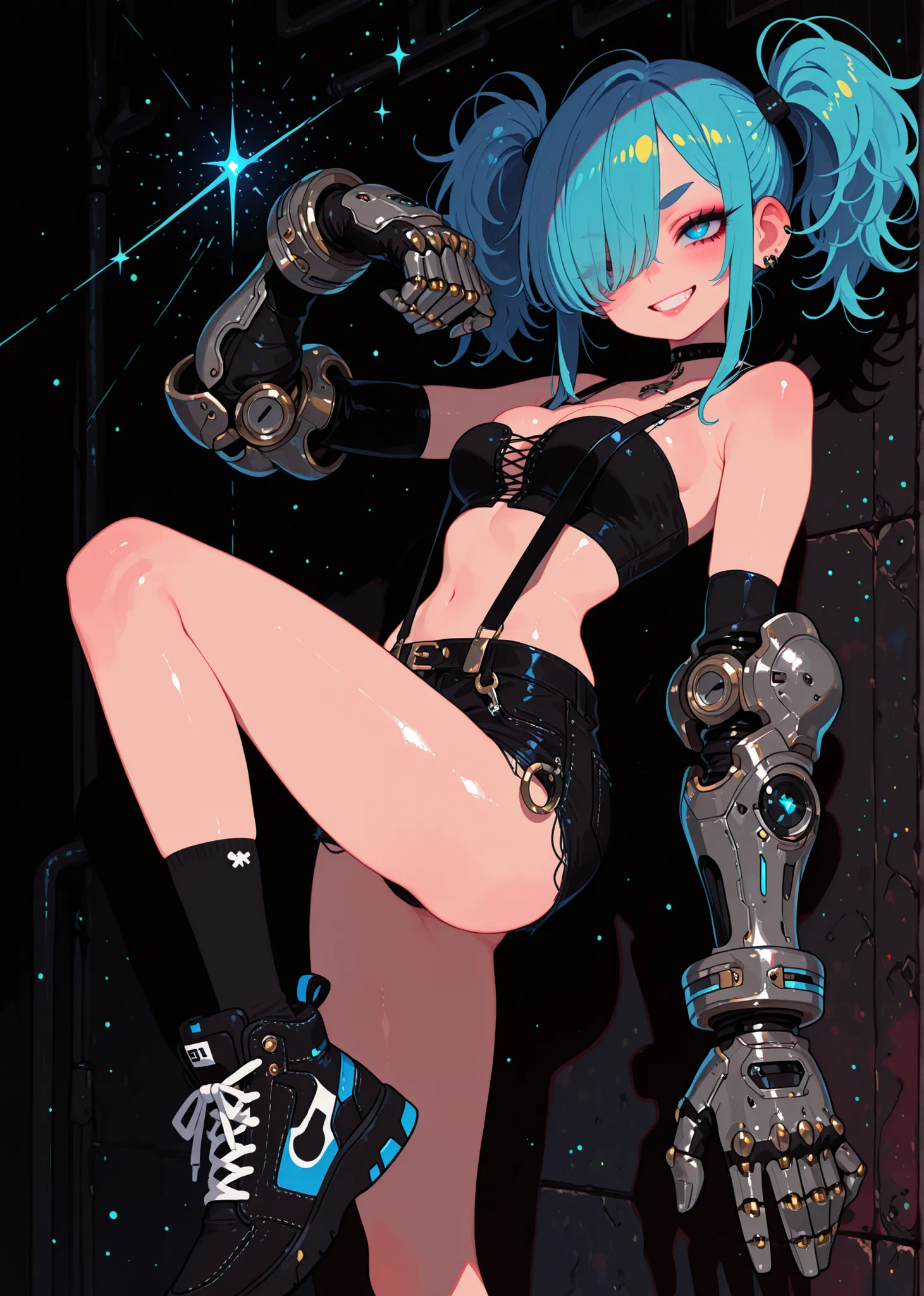 (adpx:1.2), (masterpiece:1.35), (very aesthetic, best quality:1.3), highly detailed, dark environment, backlit, absurdres, hyperdetailed, addmicrodetails, flat anime artstyle, (no lineart), detailed shading and shadows, solo, intricate design, cyborg, mech...