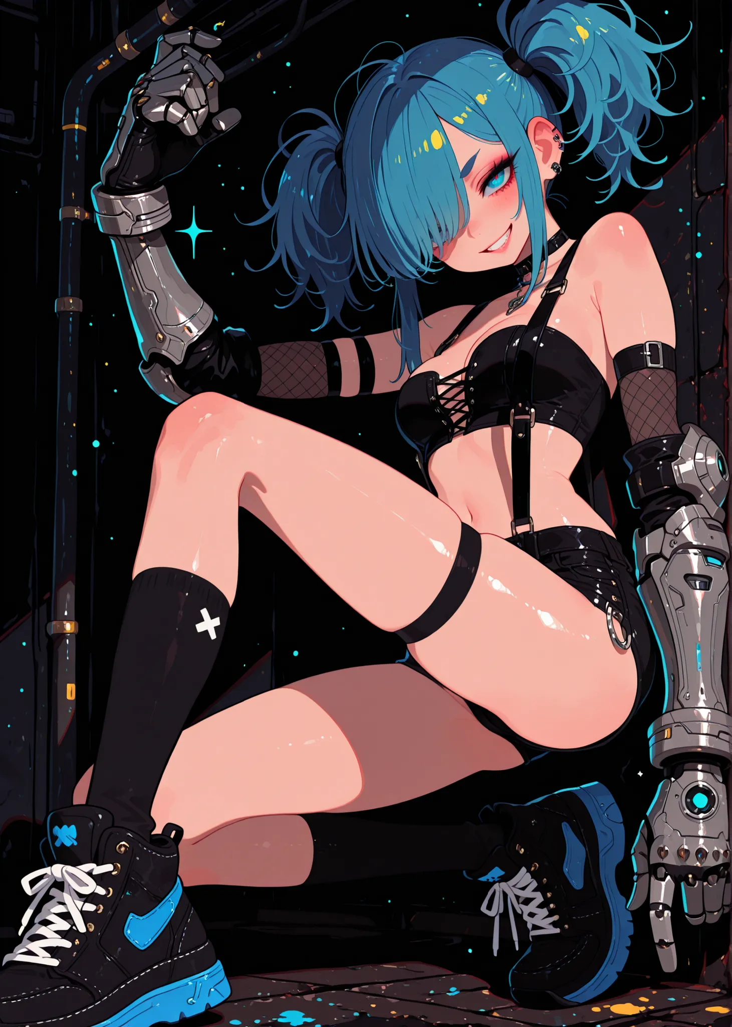 (adpx:1.2), (masterpiece:1.35), (very aesthetic, best quality:1.3), highly detailed, dark environment, backlit, absurdres, hyperdetailed, addmicrodetails, flat anime artstyle, (no lineart), detailed shading and shadows, solo, intricate design, cyborg, mech...