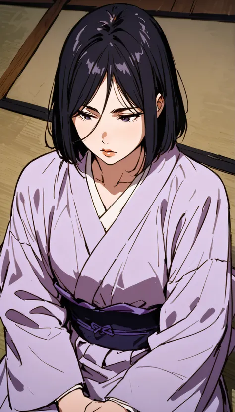 vintage movie, girl, short hair, navy hair, straight hair, woman body, soft lilac kimono, tatami, meditating , hyuga clan, shinobi village, konohagakure, (((perfect lips))), perfect hair, looking down, shy, melancholic, ((young)), ((19 years old)), ((intro...