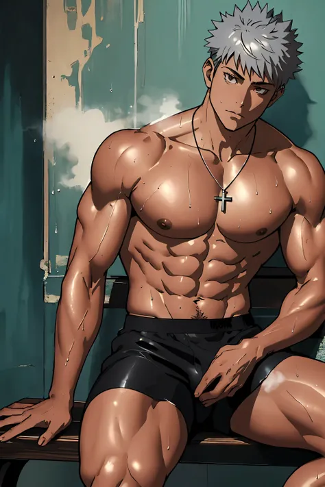 Kairo, muscular anime male character sitting on a bench, legs spread naturally, confident and relaxed pose, big bulge, wet skin glistening, black spiky hair, intense gaze, water dripping from his body, black boxer briefs slightly clinging due to wetness, s...