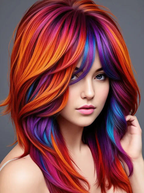 Sura with a spectacular hairstyle. Red/ginger hair, long hair. Full, voluminous haircut. wolf cut. her hair is also dyed with vertical chunky streaks of silver and azure blue