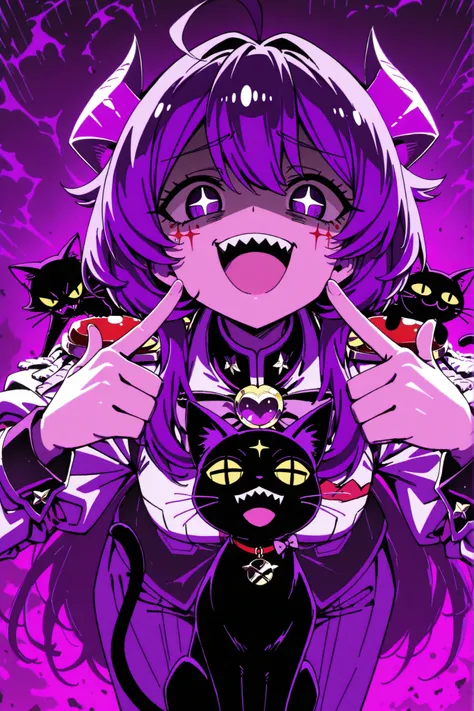 Utena Hiiragi_mahou_shoujo_ni_akogarete, 1girl, anime screencap, +_+, sharp teeth, upper teeth only, purple theme, black cat on her shoulders, ahoge, facial mark, finger gun, pointing at self, hiiragi_utena, evil laugh, shaded face, forward facing horn 