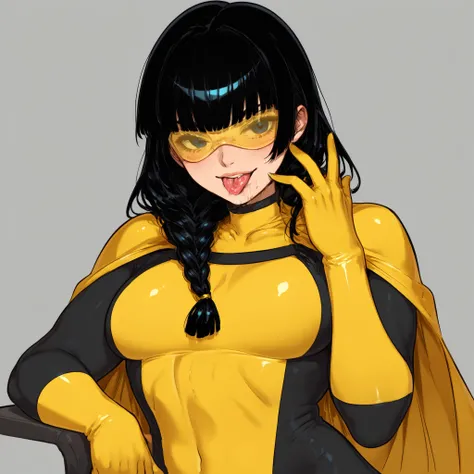 score_9, score_8_up, score_7_up, score_6_up, score_5_up, score_4_up, Expressiveh, 1 girl, solo, Sinister_Mark, braid, black hair, black eyes, bodysuit, goggles, yellow cape, yellow gloves, sitting on chair,licking her fingers