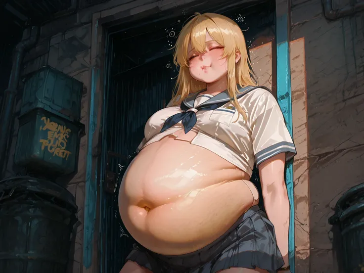 One woman, her skirt burst open and unzip because she is so full of food,  (drunk emotions), (), belly overhang, stringy blonde hair, wearing a short skirt, (heavy belly), (b), (()) (belly press against wall) (from the side), , ,  (), (volumetric and specu...