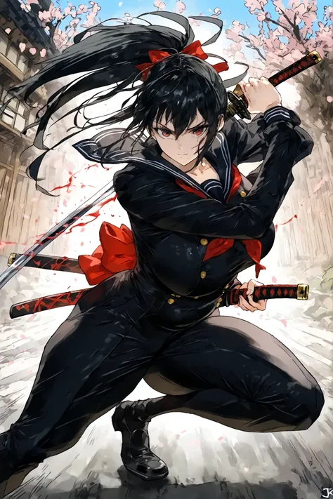 JK,high school girl,1girl,sailor suit,ponytail,samurai sword,Japanese sword,A Huge Fat Man Staring at Viewers,tattered clothes that came off,Veteran Samurai,dynamic pose,Action Pose,Anime Chic,safe content (masterpiece, 最High Quality, High Quality, detaile...