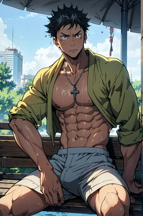 Kairo, jujutsu kaisen anime style, muscular anime male character sitting on a bench, legs spread naturally, shirtless, confident and relaxed pose, big bulge, wet skin glistening, black spiky hair, intense gaze, water dripping from his body, black boxer bri...