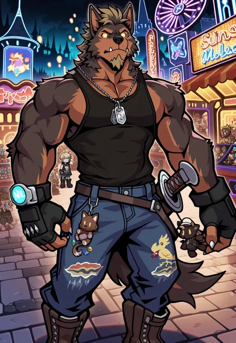 Wolfstar wins a moogle plush toy from the claw game at the Gold Saucer arcade. masterpiece, best quality, amazing quality, solo, 1boy, null-ghost, Wolfstar from visual novel "Wolfstar: Sins and Paradise". Wearing Final Fantasy seven Midgar gear, Wolfstar h...