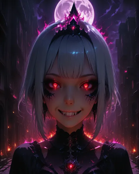 ultra-detail, high resolution, photorealistic, aggressive facial expression, grin with sharp fangs, burning eyes, flowing silver hair, dark gothic clothing, Dramatic shadows, night city, full moon, dark atmosphere