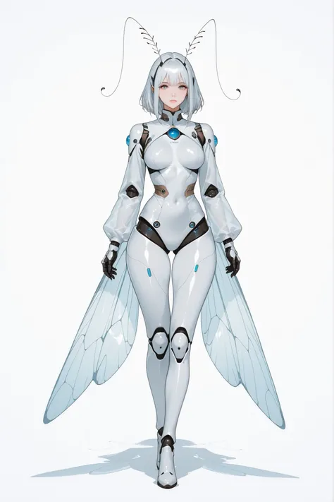 A high-quality cinematic style illustration of a girl with a sculptural body, Thick and firm legs, wide hips in relation to her thin waist. Her body is all white with subtle details in the and marks that resemble exoskeleton connections From insects, while...