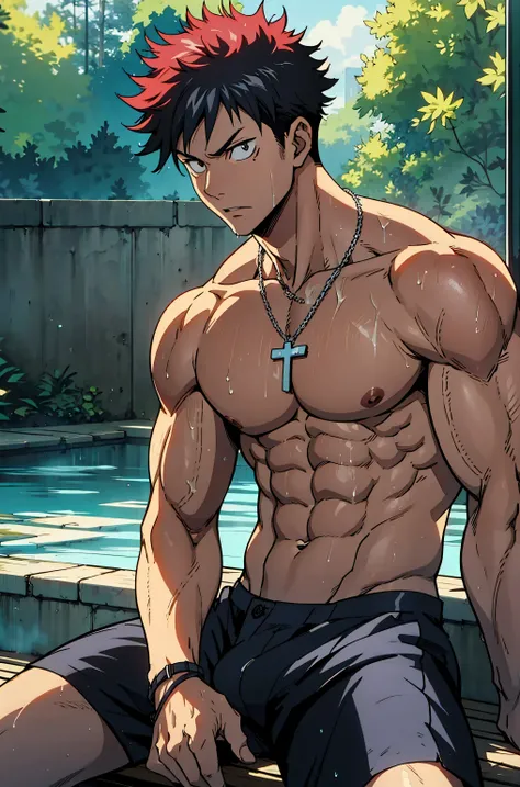 Kairo, jujutsu kaisen anime style, muscular anime male character sitting on a bench, legs spread naturally, upper body exposed, anime art style, confident and relaxed pose, big bulge, wet skin glistening, black spiky hair, intense gaze, water dripping from...