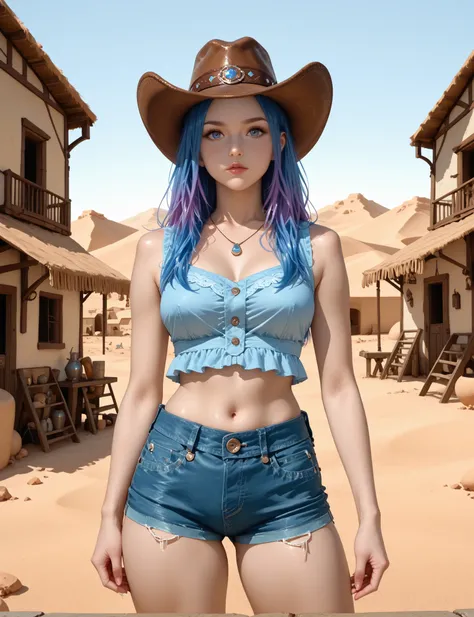 A pastel illustration of a confident girl with bulky and firm legs, hips very wide in relation to the waist, usando short jeans, a sleeveless cropped blouse, botas de cowboy, and a cowboy hat. She has extremely long purple and fire hair and striking blue e...