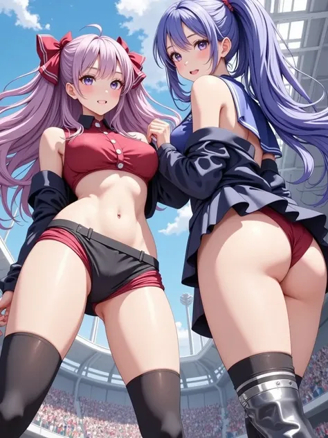  (Masterpiece,  computer, mejor quality,  Clear focus, shadow, Anime style, ultra high resolution, 8K, perfect anatomy, perfect face, (detailed face), (  Detailed eye  ), score_9, score_8_above, score_7_above, score_6_above, score_5_above, score_4_above,  source _animated, Label 1, Label2, quality_Masterpiece, anatómicamente correcto, beautiful face, perfect face, Beautiful and highly detailed face and eyes, Attractive face, detailed face, Delicate facial features, detailed skin, huge breasts, breast size cup D or DD, wide hips, gigantic butt, thick thighs. looking at the spectator. Anime-style illustration of two realistic anime girls in an outdoor stadium under a blue sky with clouds. Both have cheerful and flirty expressions, looking down as if they were being observed from a low perspective (counterposed angle). The girl on the left She has long, lilac hair tied in two pigtails with red bows; wears a red and black outfit that includes a short sports-type top and a miniskirt. The girl on the right has long blue hair tied in a tall ponytail, and wears a similar outfit but with visible red panties, an open jacket and a black miniskirt. usa medias altas, one of them with a black and white checkered pattern. The background shows stands full of people and metal structures of the stadium. Highly detailed anime style, Bright colors, bright natural lighting.