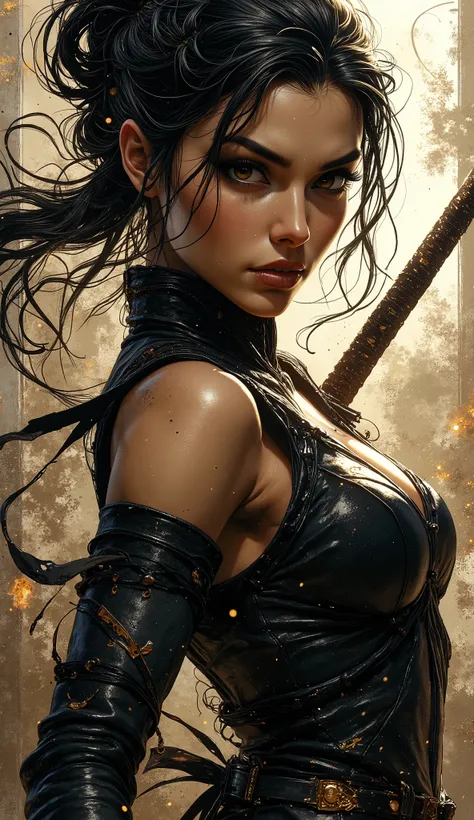 A hyper-realistic dynamic full-length image of a female character making an impressive swing with a sparkling katana, in which the most iconic features of many famous anime and video game heroines are organically combined in honed movements. She should rad...