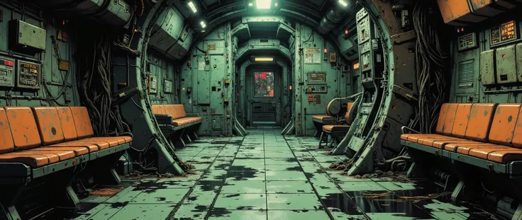 [Background art]] The scene of a futuristic, cyberpunk-style spaceship, with a dark, retro atmosphere, inspired by 90s anime. It features a textured metal floor, an empty room with benches fixed to the walls, and a partially dirty wall. The anime style fea...