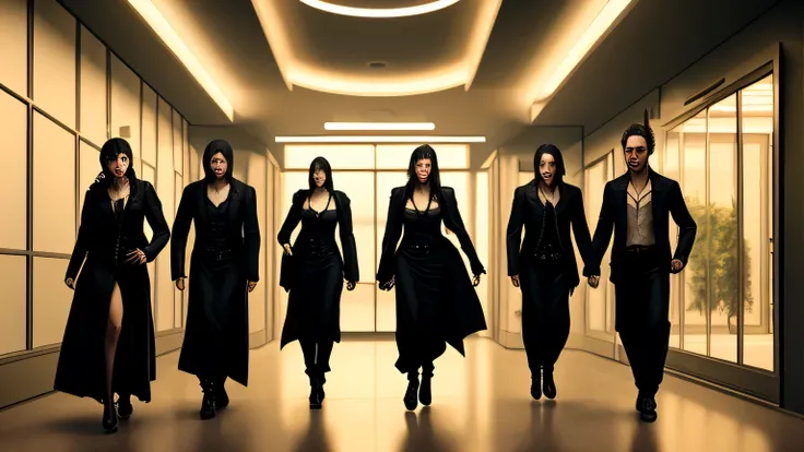 A group of vampires wandering through the office hallways at night,photorealistic,4k、Terrible appearance 、