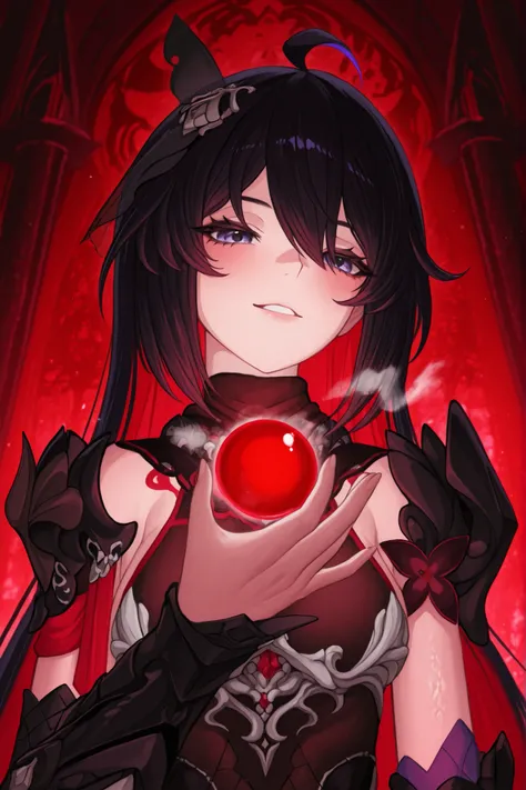 ((apenas)), (seele :1.2), Aquecer, Hand in red orb with black details, Beautiful woman with tattoos all over her body, black hair red details , cabelo curto, cabelo desgrenhado, sidelocks, levado, white breath, Olhos vermelhos, olhos brilhantes, seios gr...