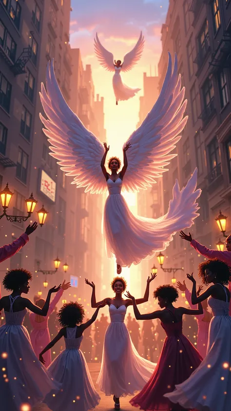 highdefinition image、 anime images、a scene of a love song to an angel,new york、Harlem district scenery、you can feel a general sense of life in an old building、Black pastors dancing in the city、