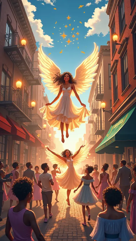 highdefinition image、 anime images、a scene of a love song to an angel,new york、Harlem district scenery、you can feel a general sense of life in an old building、Black pastors dancing in the city、