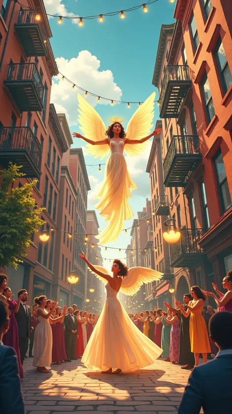 highdefinition image、 anime images、a scene of a love song to an angel,new york、Harlem district scenery、you can feel a general sense of life in an old building、Black pastors dancing in the city、