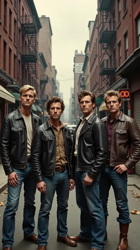 new york、Nostalgic image of the Bronx、four white men posing in leather jackets and denim against the background of a West Side Story-like city、building