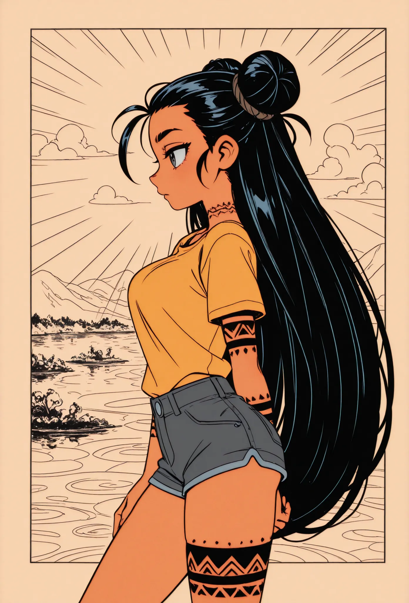 masterpiece, best quality, amazing quality, very aesthetic, absurdres, 1girl, adult, age up, medium breasts, traditional tribal tattoo on arm, yellow shirt, hotpants, absurdly long hair, slicked-back undercut hair, orchid hair, double bun, steel gray eyes,...