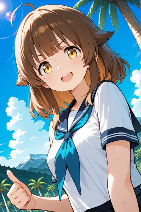 1girl, solo, character focus, upper body, dutch angle, dynamic angle, lens flare, (((prairie))), (((palm tree))), (((Mountains in the distance))), (((blue sky))), A girl is cheering me on, telling me to do my best, Clench both fists in front of your chest,...