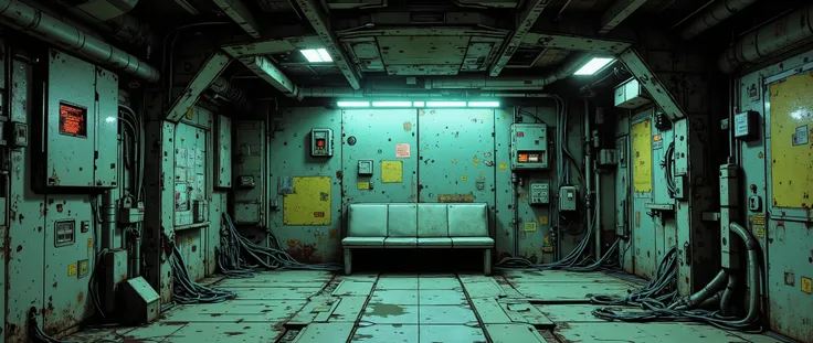 [Background art]] The setting of a futuristic, cyberpunk-style spaceship, with a dark, retro atmosphere, inspired by 90s anime. An empty room with benches fixed to the walls, the walls showing signs of rust and age. The anime style features an anime backgr...
