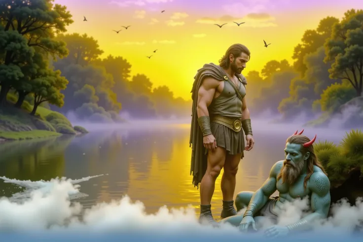 A misty riverbank at dawn bathed in golden light. Hercules stands tall, battle-worn, gazing solemnly at Nereus, who lies collapsed on moss-covered ground. Nereus has cerulean-blue mottled skin, webbed fingers, seaweed-like hair, and coral-red crown-like ho...