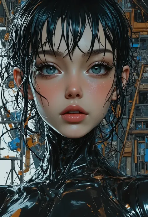 cyberpunk, anime, action shot, sci-fi, maintenance shaft, ladder, extreme close-up of face, high angle looking down at face, focus on face and hands, 1female, perfect hands, A futuristic soldier wearing advanced sci-fi armor climbing a metal ladder inside ...