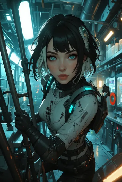 cyberpunk, anime, action shot, sci-fi, maintenance shaft, ladder, extreme close-up of face, high angle looking down at face, focus on face and hands, 1female, perfect hands, A futuristic soldier wearing advanced sci-fi armor climbing a metal ladder inside ...