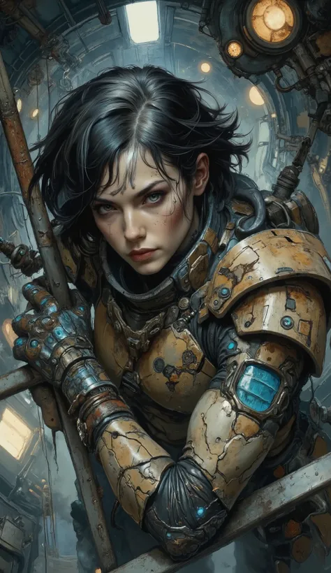 cyberpunk, anime, action shot, sci-fi, maintenance shaft, ladder, extreme close-up of face, high angle looking down at face, focus on face and hands, 1female, perfect hands, A futuristic soldier wearing advanced sci-fi armor climbing a metal ladder inside ...