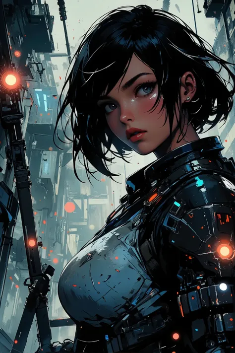 cyberpunk, anime, action shot, sci-fi, maintenance shaft, ladder, extreme close-up of face, high angle looking down at face, focus on face and hands, 1female, perfect hands, A futuristic soldier wearing advanced sci-fi armor climbing a metal ladder inside ...