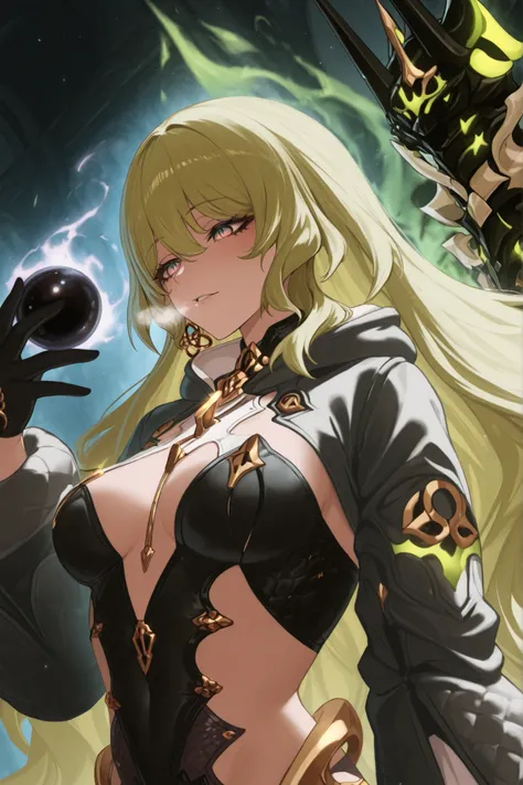 ((apenas)), (mobius :1.2), Aquecer, Hand in green and black orb, Beautiful woman with snake tattoos all over her body, cabelo verde , cabelo longo, cabelo desgrenhado, sidelocks, levado, white breath, multicolored eyes, olhos brilhantes, seios grandes, ...