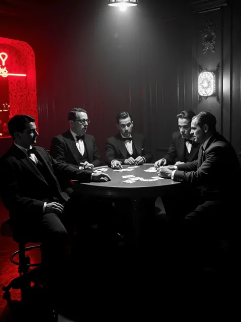 "a 1940s gangster scene, In black and white ultra-realistic it is day , anos 40, estilo noir. in a dark room filled with cigarette smoke four men are gathered playing cards at a round table,Lighting comes through the illuminated window of a red neon sign, ...