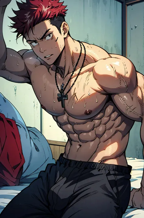 muscular anime man lying on bed, anime art style jujutsu kaisen, shirtless, bare chest, wearing tight black boxer briefs with visible bulge, shirtless, thighs open, seductive and intense gaze, anime style, tousled spiky dark hair, defined abs and pecs, sho...