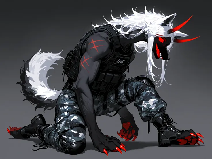 (Canine paws,xxx667_illu, paws pads, metacarpal paws pads,claws, detailed paws, [color] paws,)A tall furry demon who looks like a middle-aged man. He has darkest black furry skin, a strong, muscular build, and a broad-shouldered figure. He has a long neck ...
