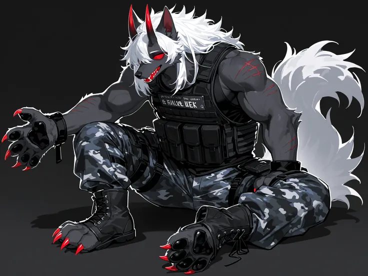 (Canine paws,xxx667_illu, paws pads, metacarpal paws pads,claws, detailed paws, [color] paws,)A tall furry demon who looks like a middle-aged man. He has darkest black furry skin, a strong, muscular build, and a broad-shouldered figure. He has a long neck ...